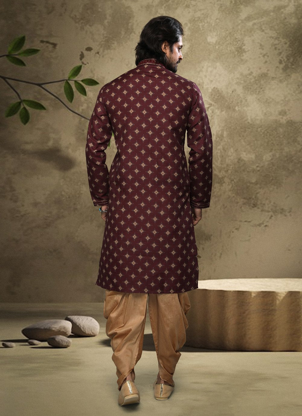 Dhoti Kurta Handloom Cotton Wine Digital Print Mens