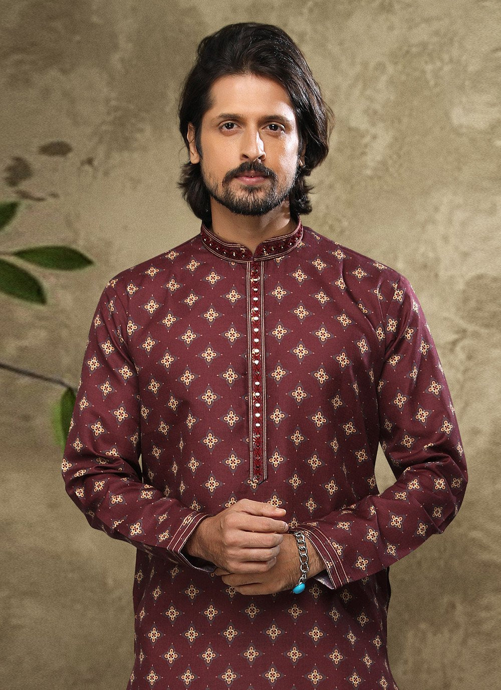 Dhoti Kurta Handloom Cotton Wine Digital Print Mens