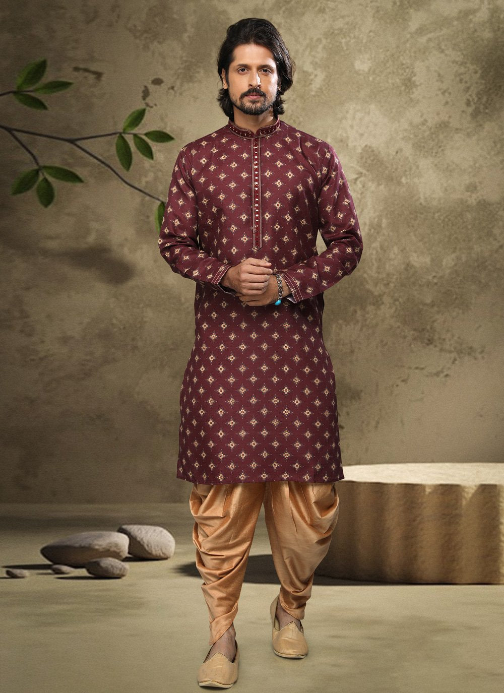 Dhoti Kurta Handloom Cotton Wine Digital Print Mens