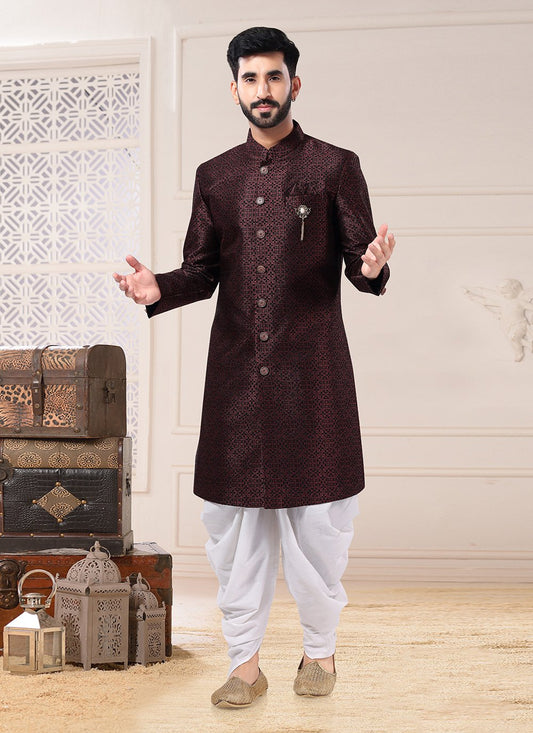 Indo Western Sherwani Jacquard Wine Embroidered Mens