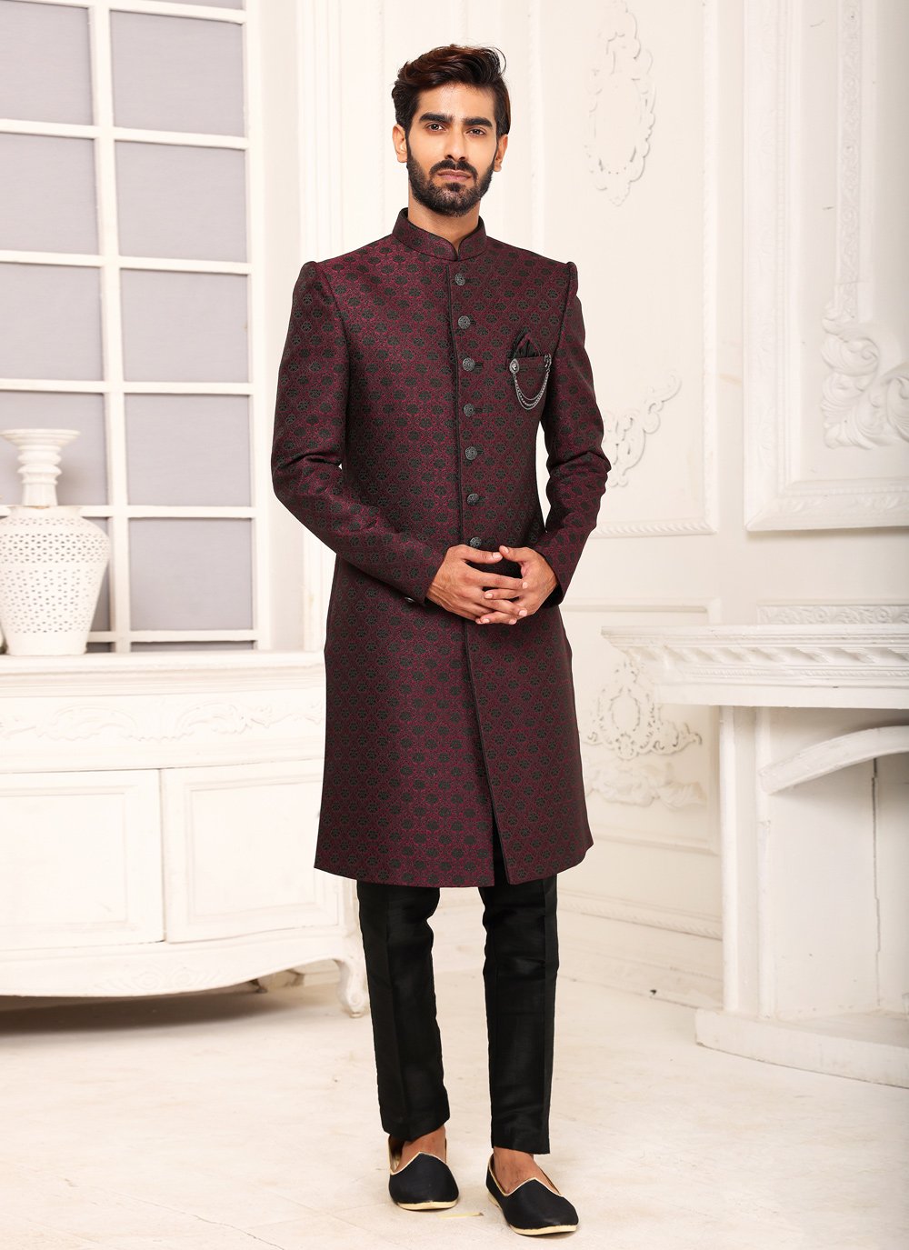 Indo Western Sherwani Imported Wine Jacquard Work Mens