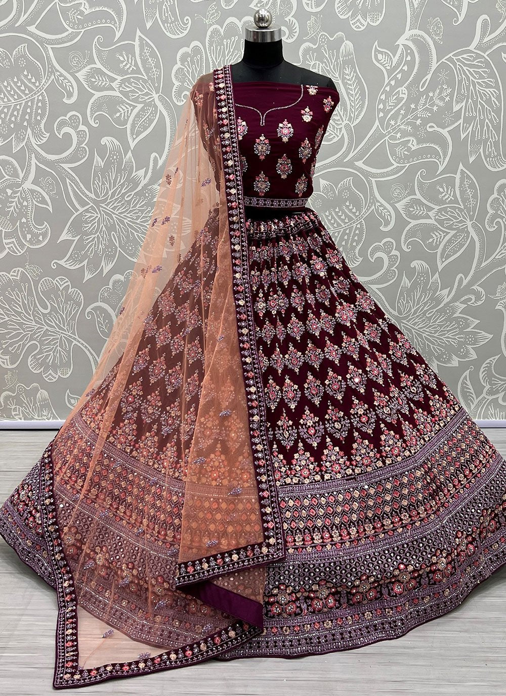 Lehenga Choli Georgette Wine Diamond Lehenga Choli