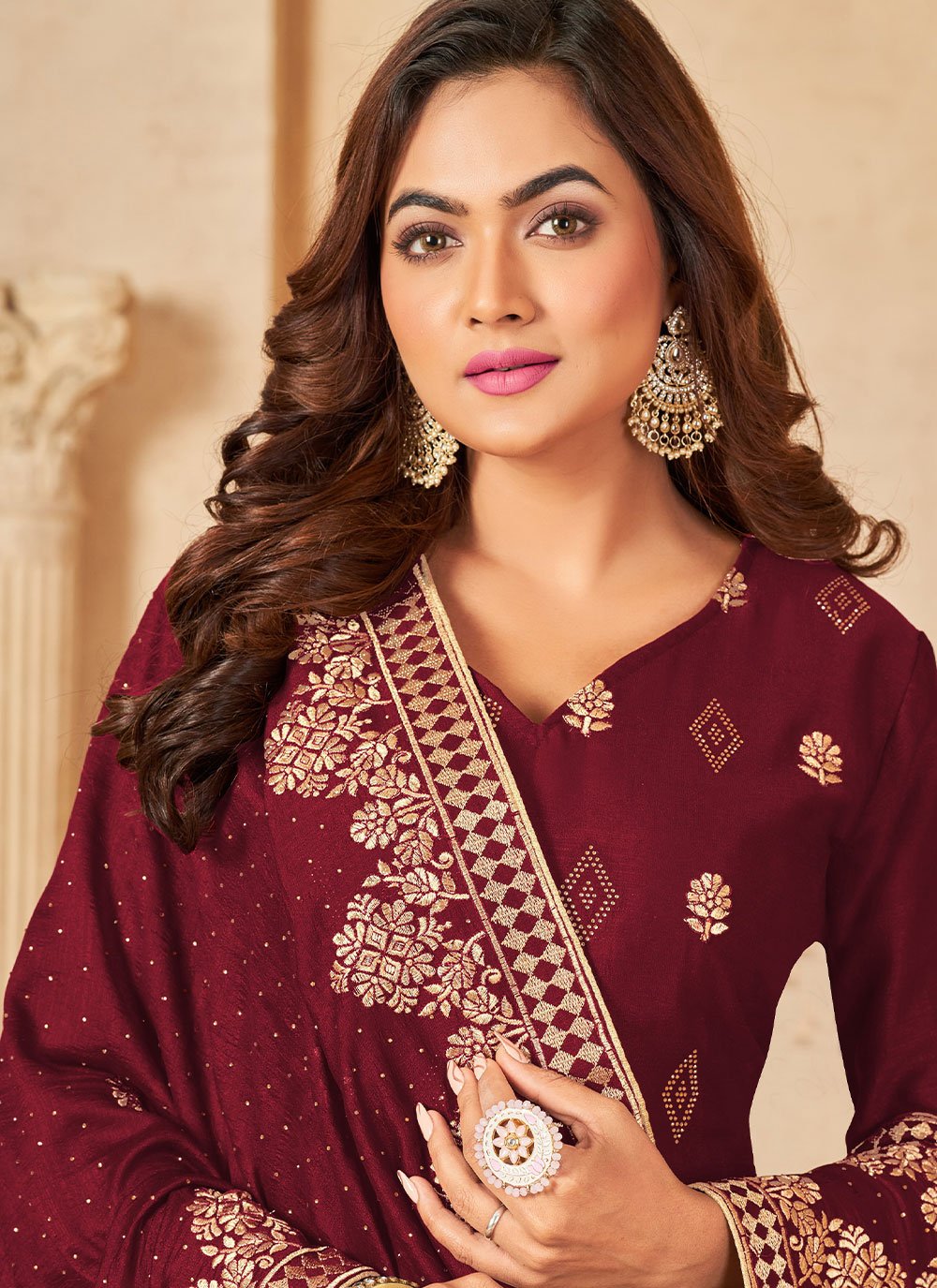 Pakistani Salwar Suit Velvet Viscose Wine Diamond Salwar Kameez