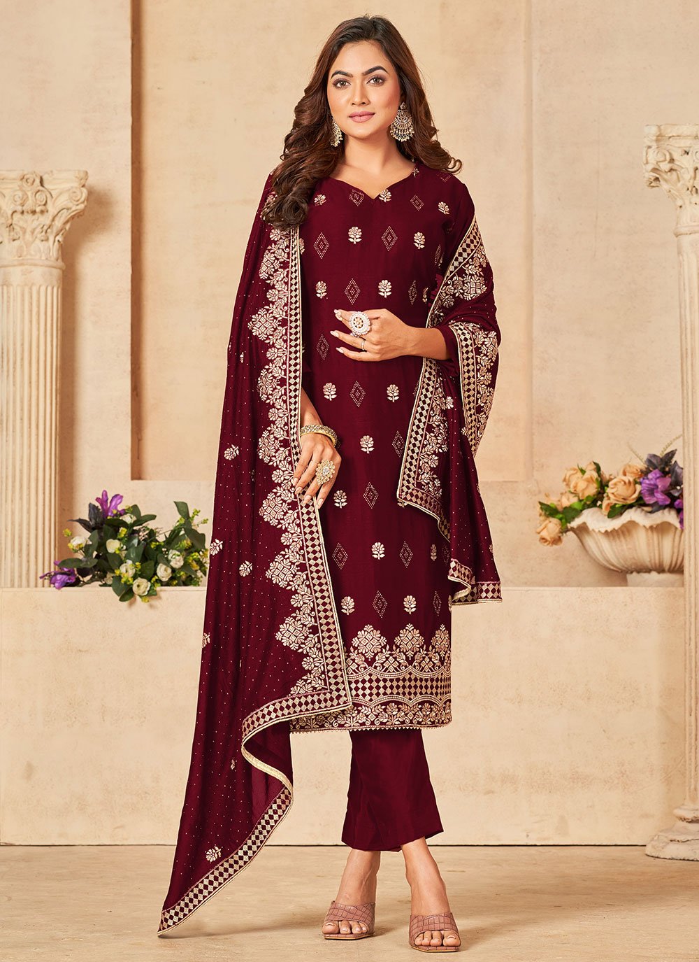 Pakistani Salwar Suit Velvet Viscose Wine Diamond Salwar Kameez