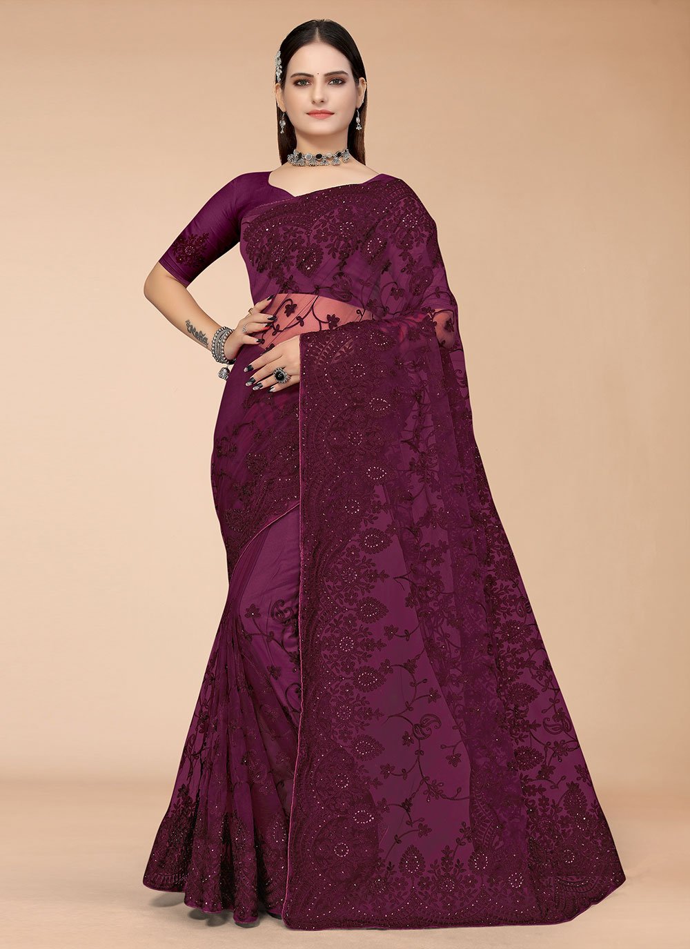 Contemporary Net Wine Embroidered Saree