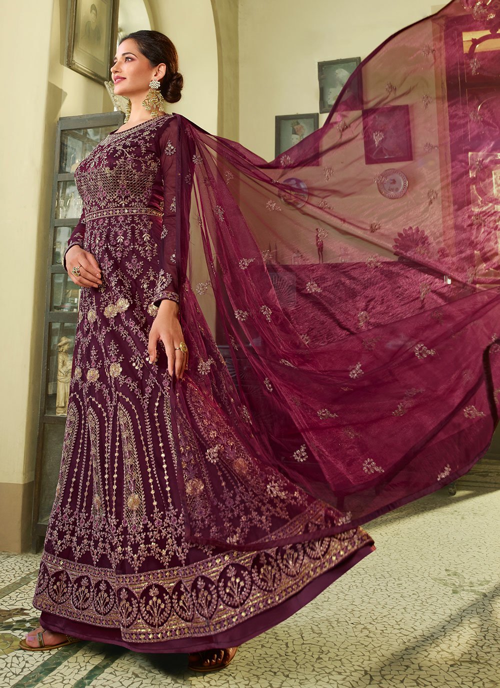 Floor Lenght Salwar Suit Net Wine Embroidered Salwar Kameez