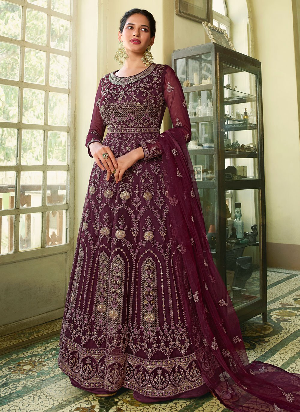 Floor Lenght Salwar Suit Net Wine Embroidered Salwar Kameez