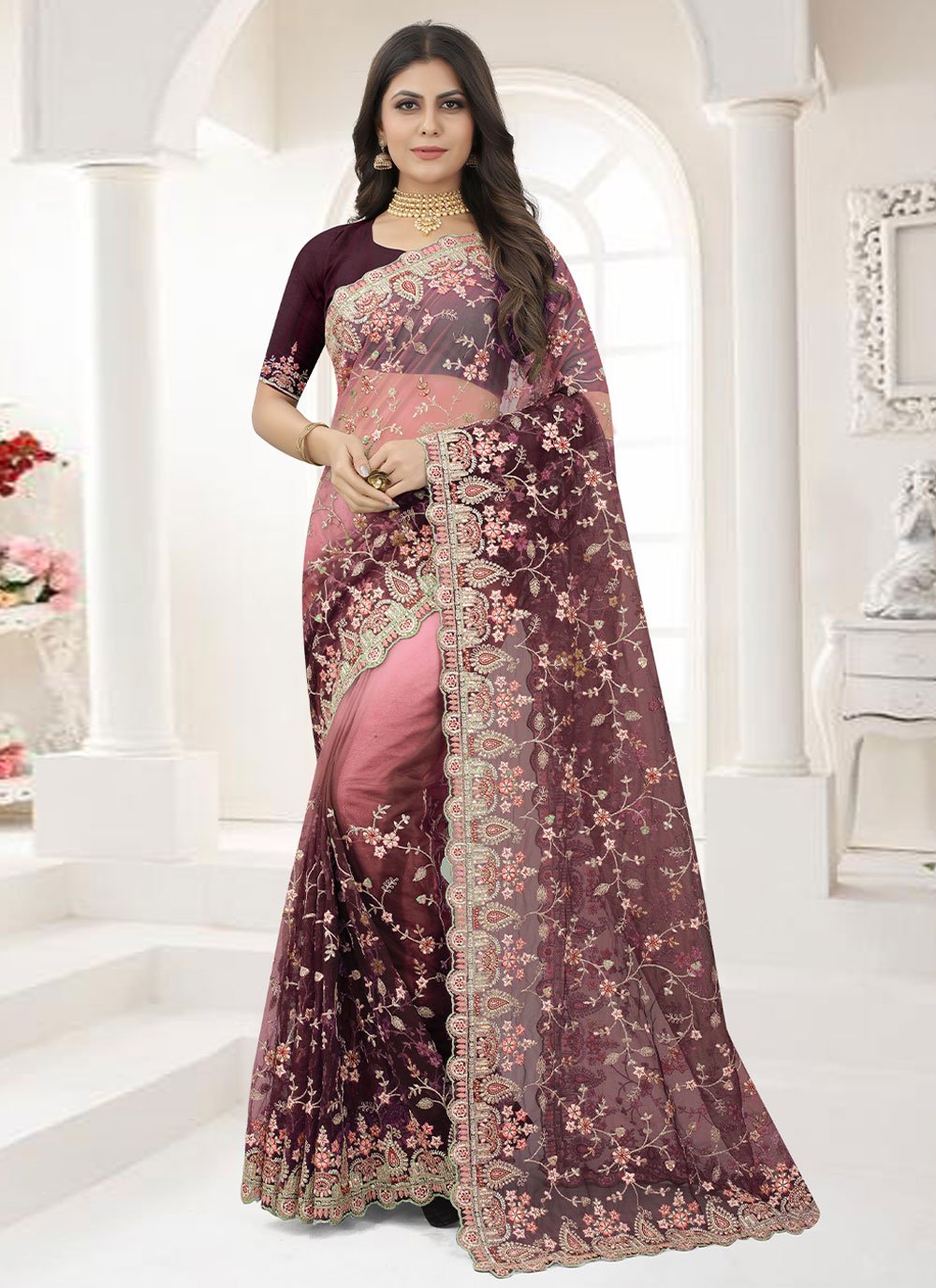 Trendy Saree Net Wine Embroidered Saree