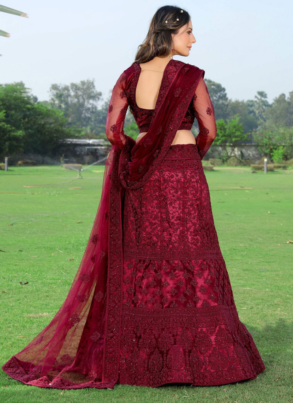 Lehenga Choli Net Wine Embroidered Lehenga Choli