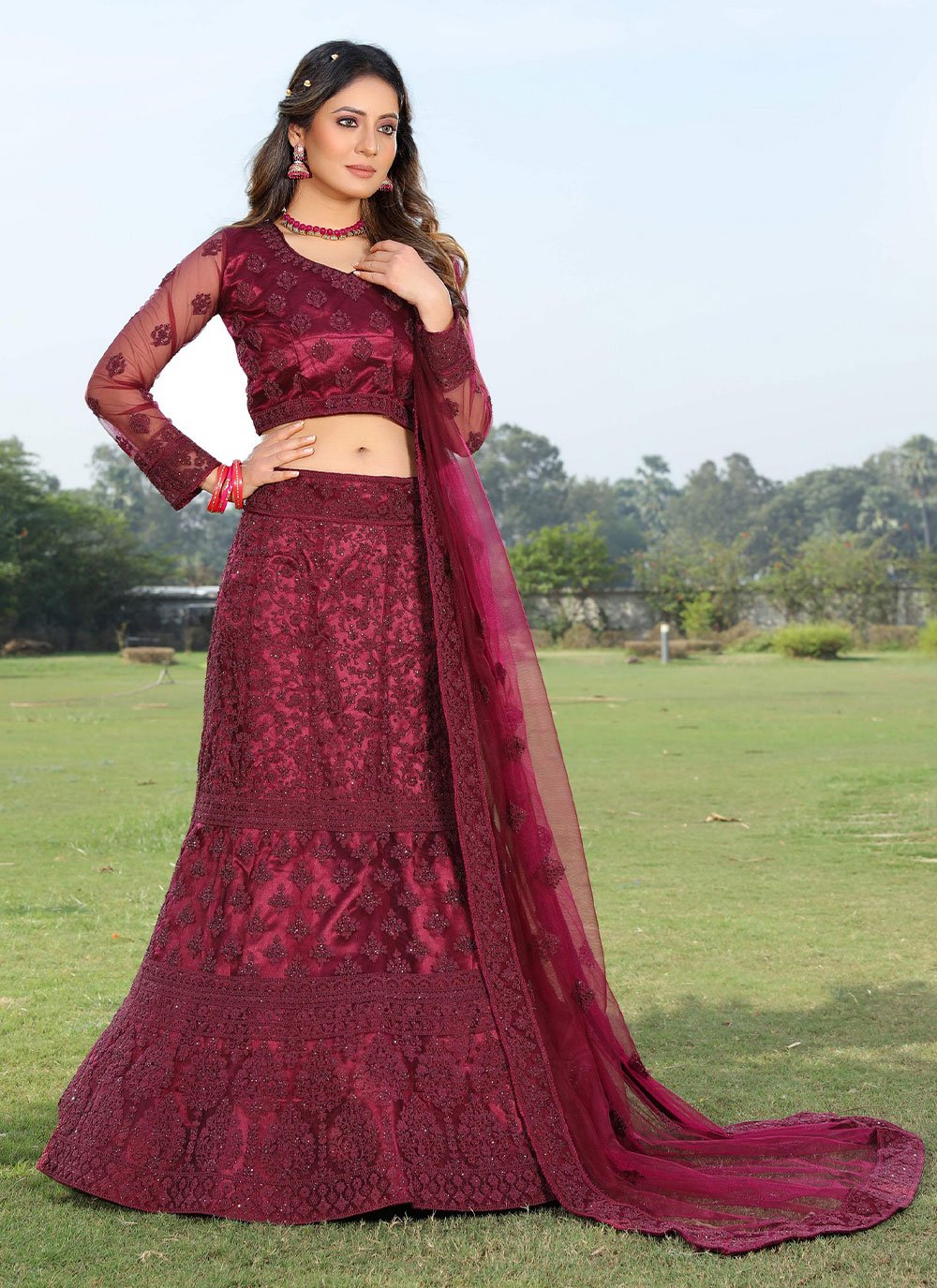 Lehenga Choli Net Wine Embroidered Lehenga Choli