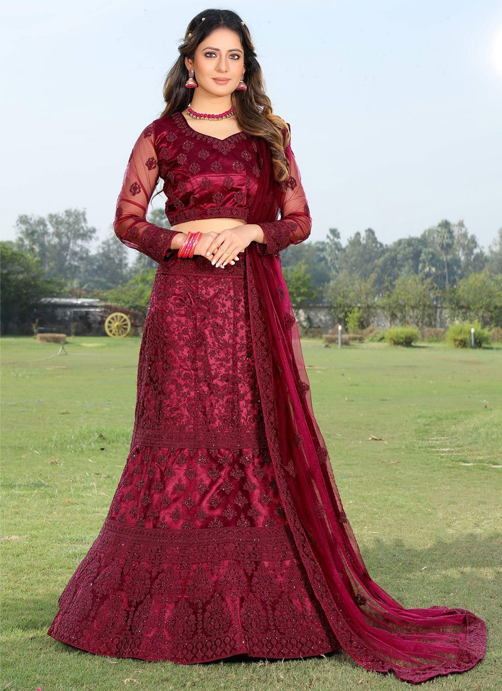 Lehenga Choli Net Wine Embroidered Lehenga Choli