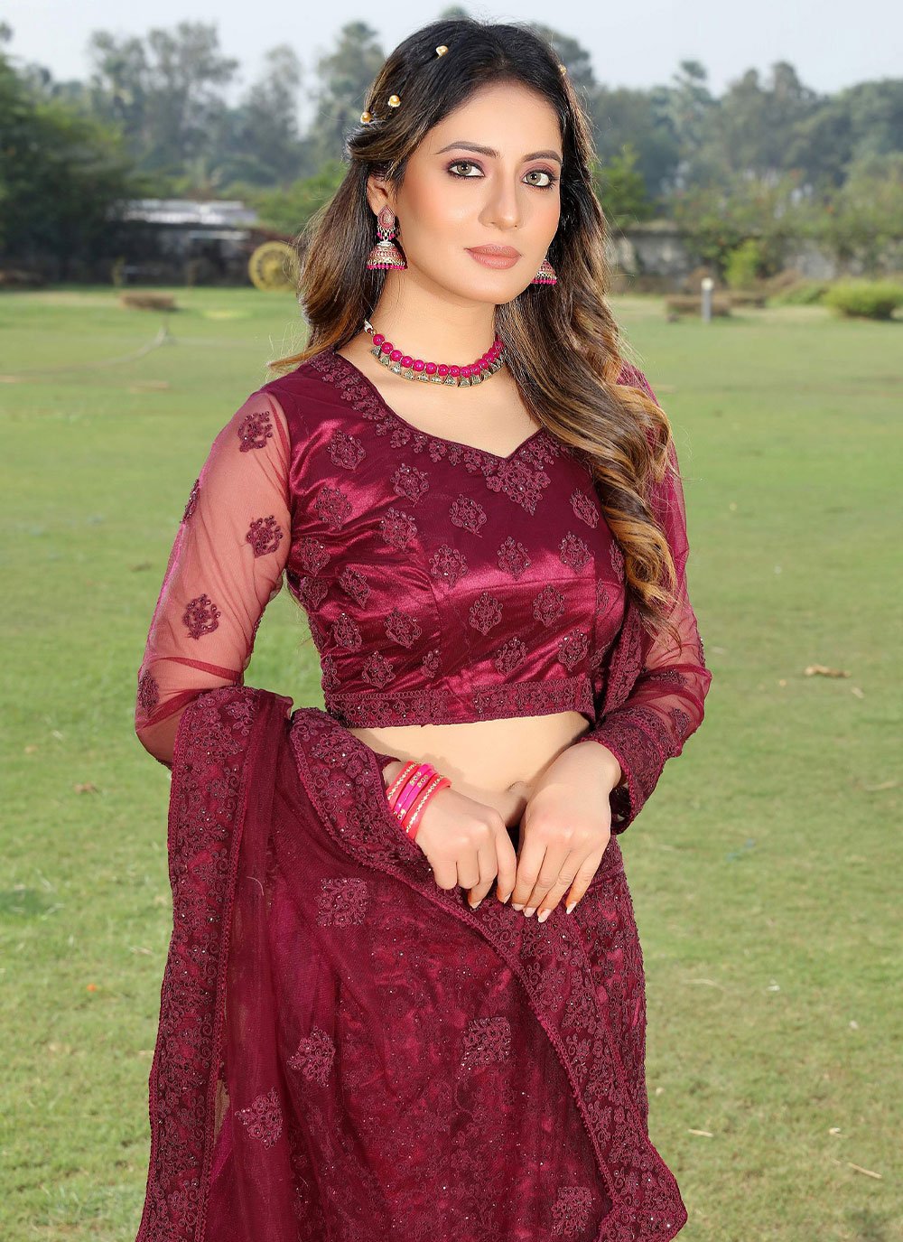 Lehenga Choli Net Wine Embroidered Lehenga Choli