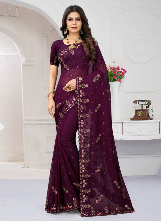 Contemporary Organza Wine Diamond Saree