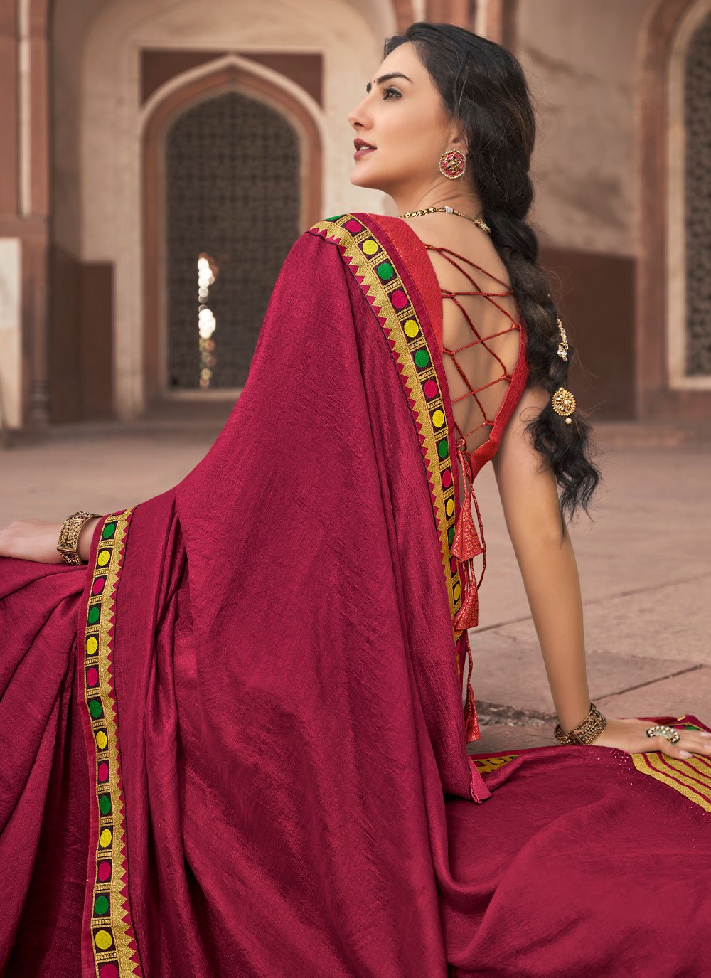 Contemporary Vichitra Silk Wine Embroidered Saree