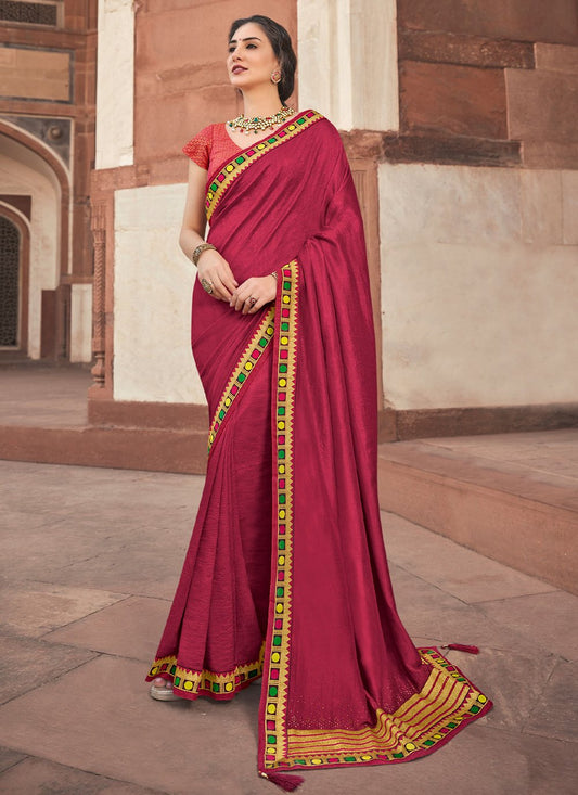 Contemporary Vichitra Silk Wine Embroidered Saree