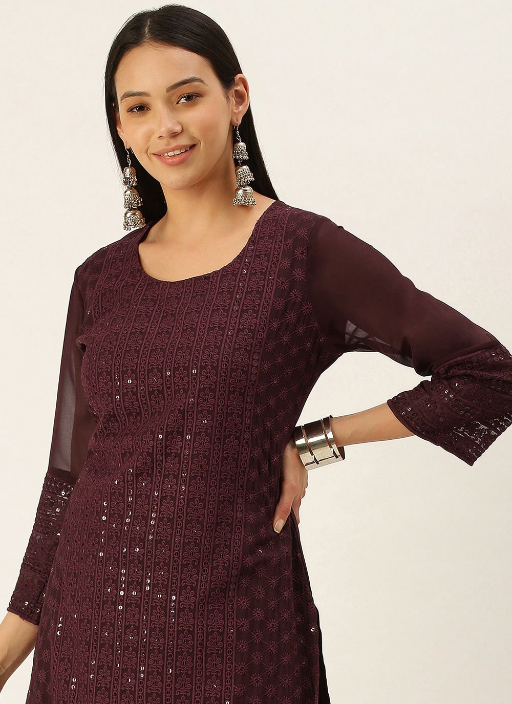 Designer Kurti Georgette Wine Embroidered Kurtis