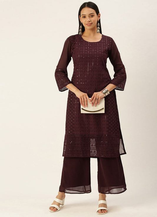 Designer Kurti Georgette Wine Embroidered Kurtis