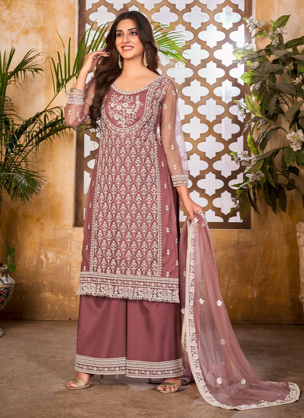 Pakistani Salwar Suit Net Wine Embroidered Salwar Kameez