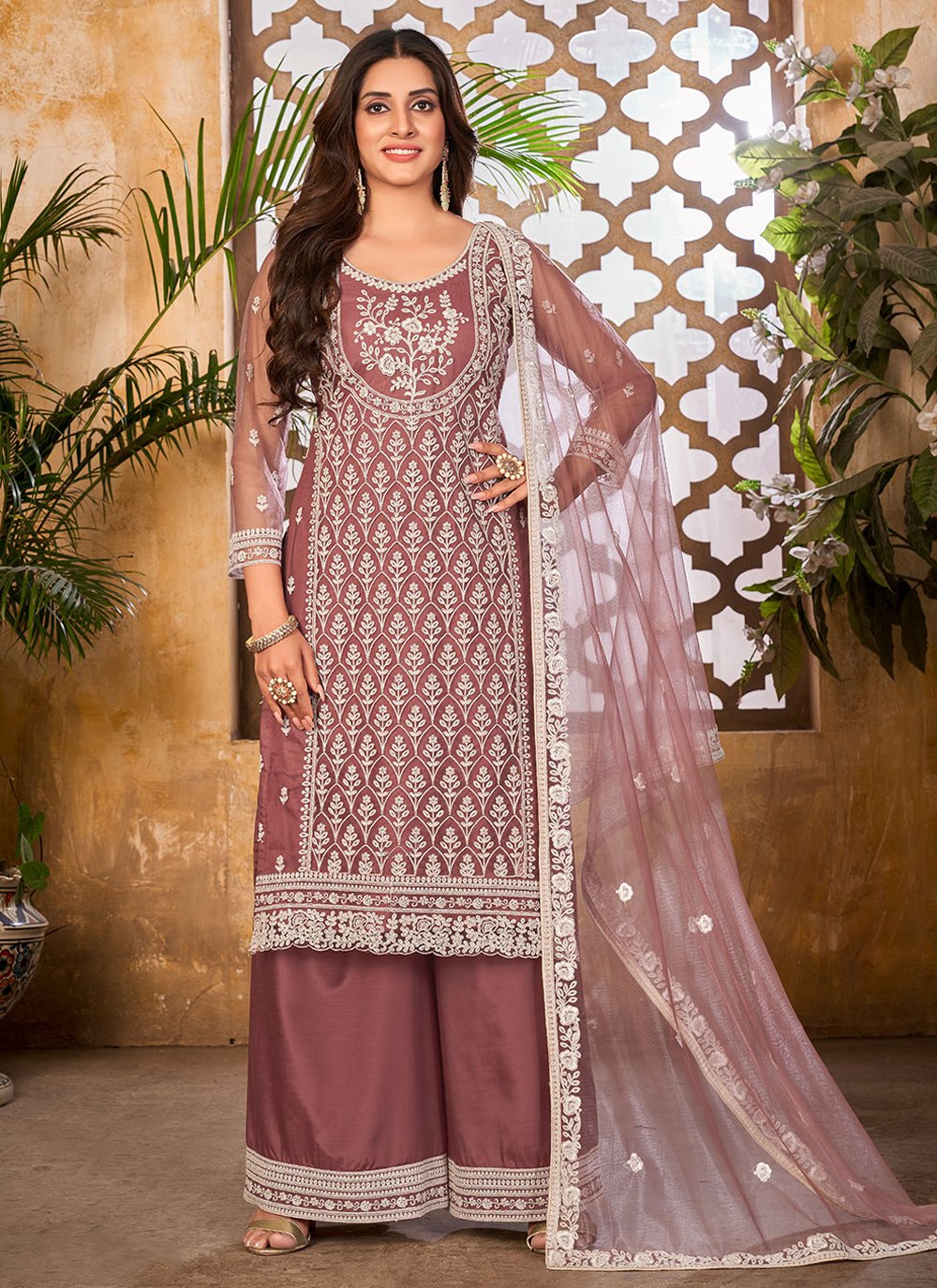 Pakistani Salwar Suit Net Wine Embroidered Salwar Kameez