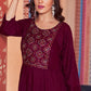 Party Wear Kurti Rayon Wine Embroidered Kurtis