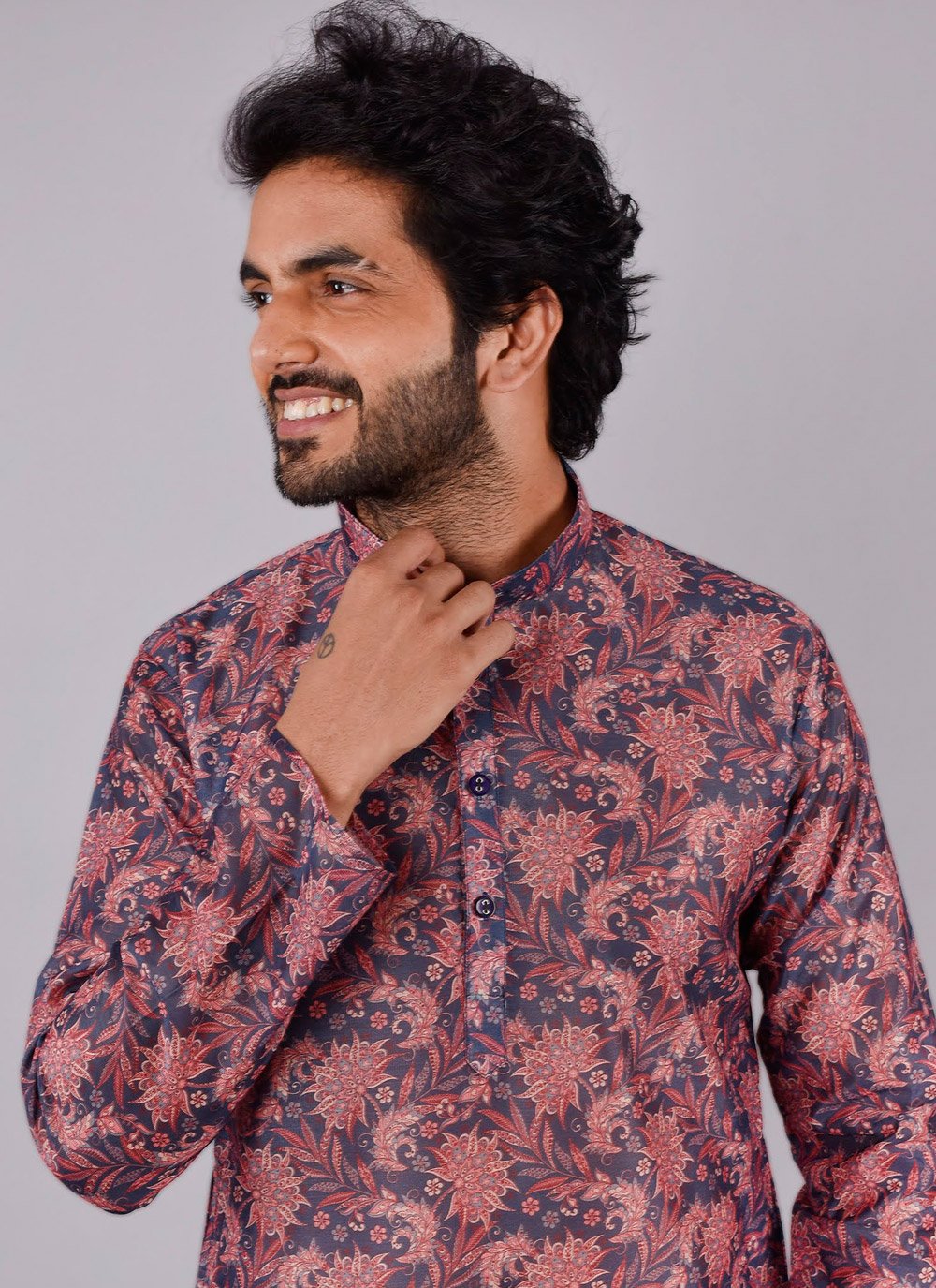 Kurta Pyjama Silk Wine Print Mens