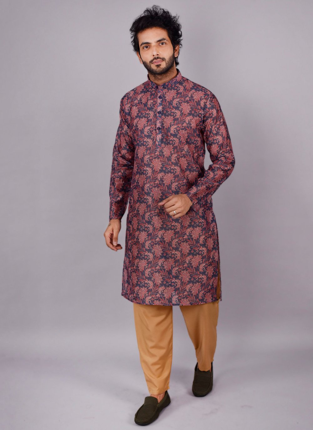 Kurta Pyjama Silk Wine Print Mens