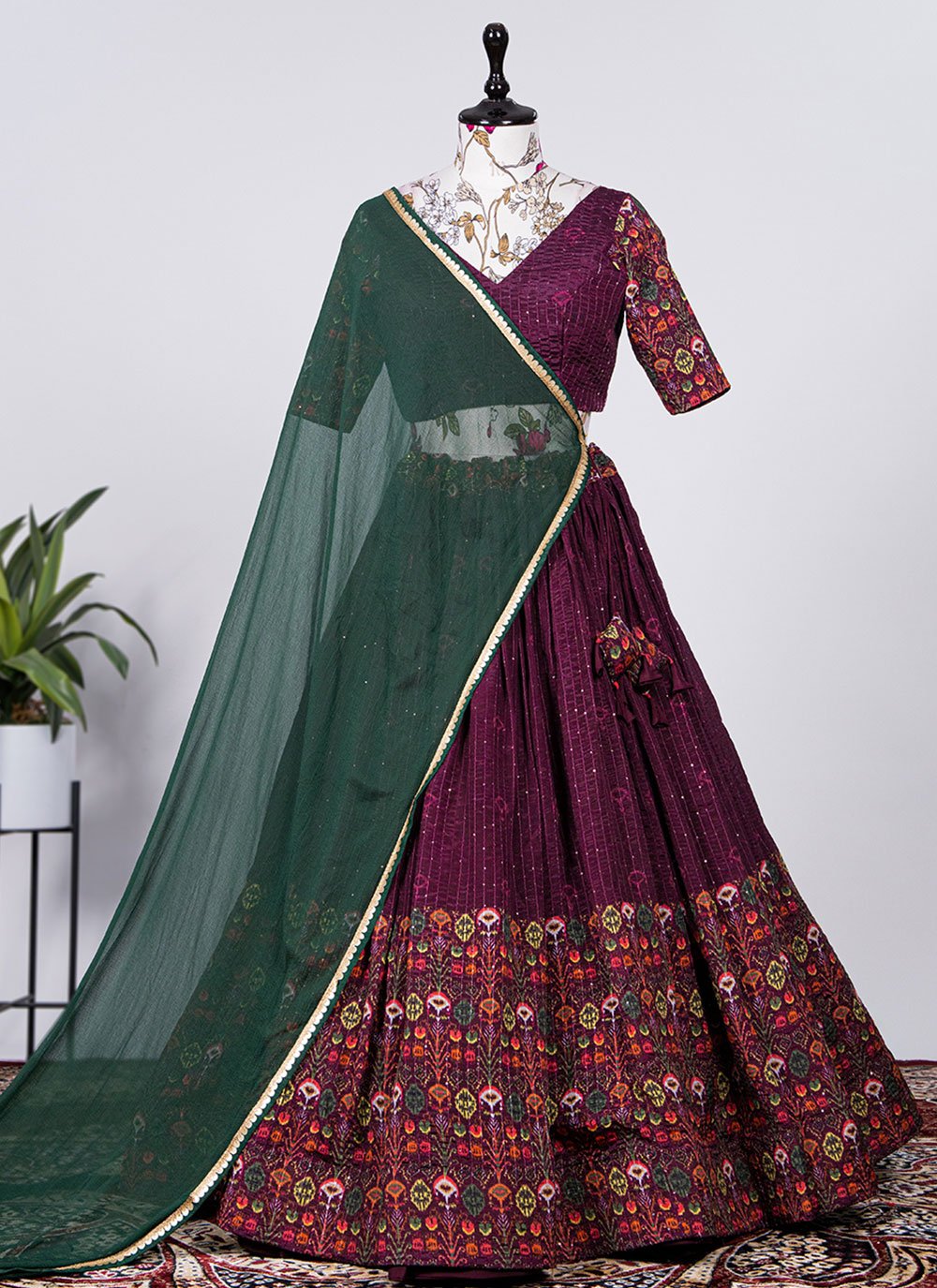 Lehenga Choli Chinon Wine Print Lehenga Choli