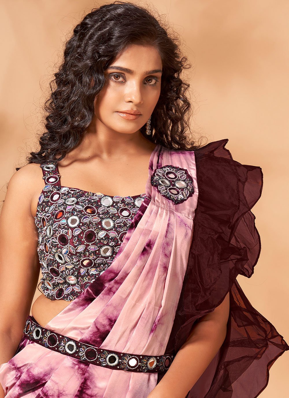 Classic Georgette Satin Wine Print Saree