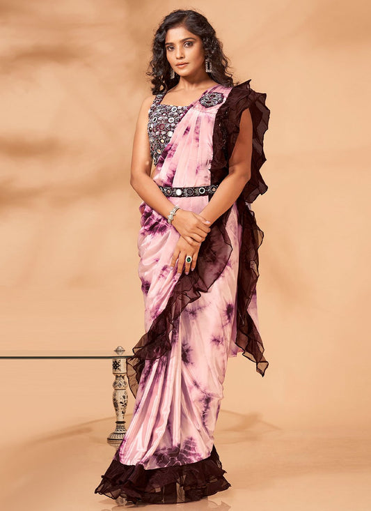 Classic Georgette Satin Wine Print Saree