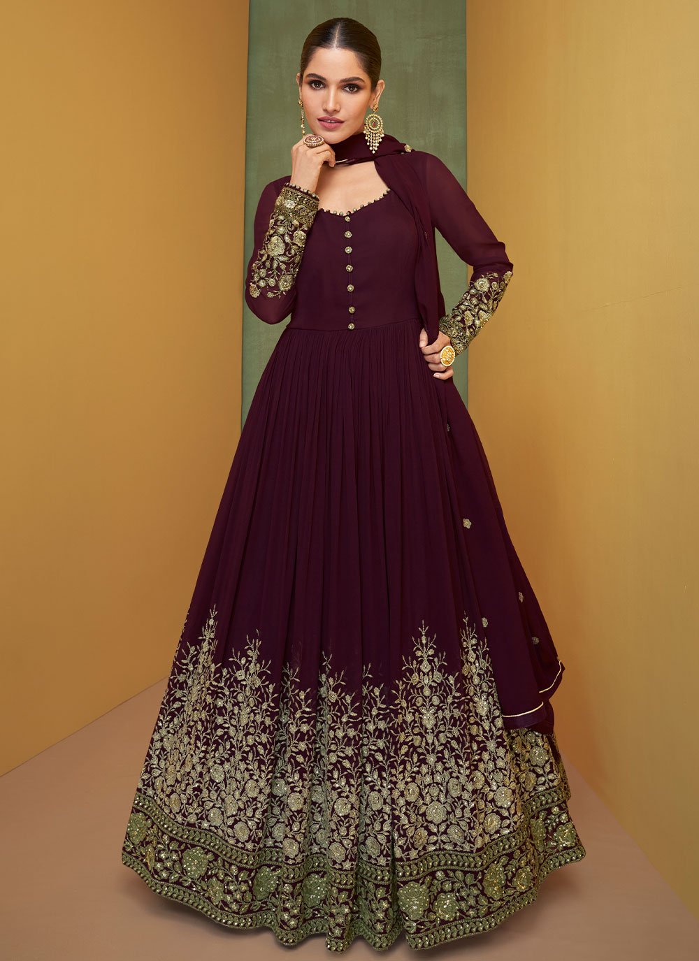 Salwar Suit Georgette Wine Embroidered Salwar Kameez