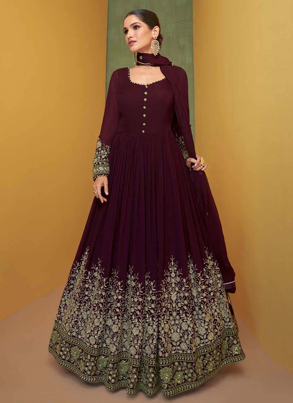 Salwar Suit Georgette Wine Embroidered Salwar Kameez