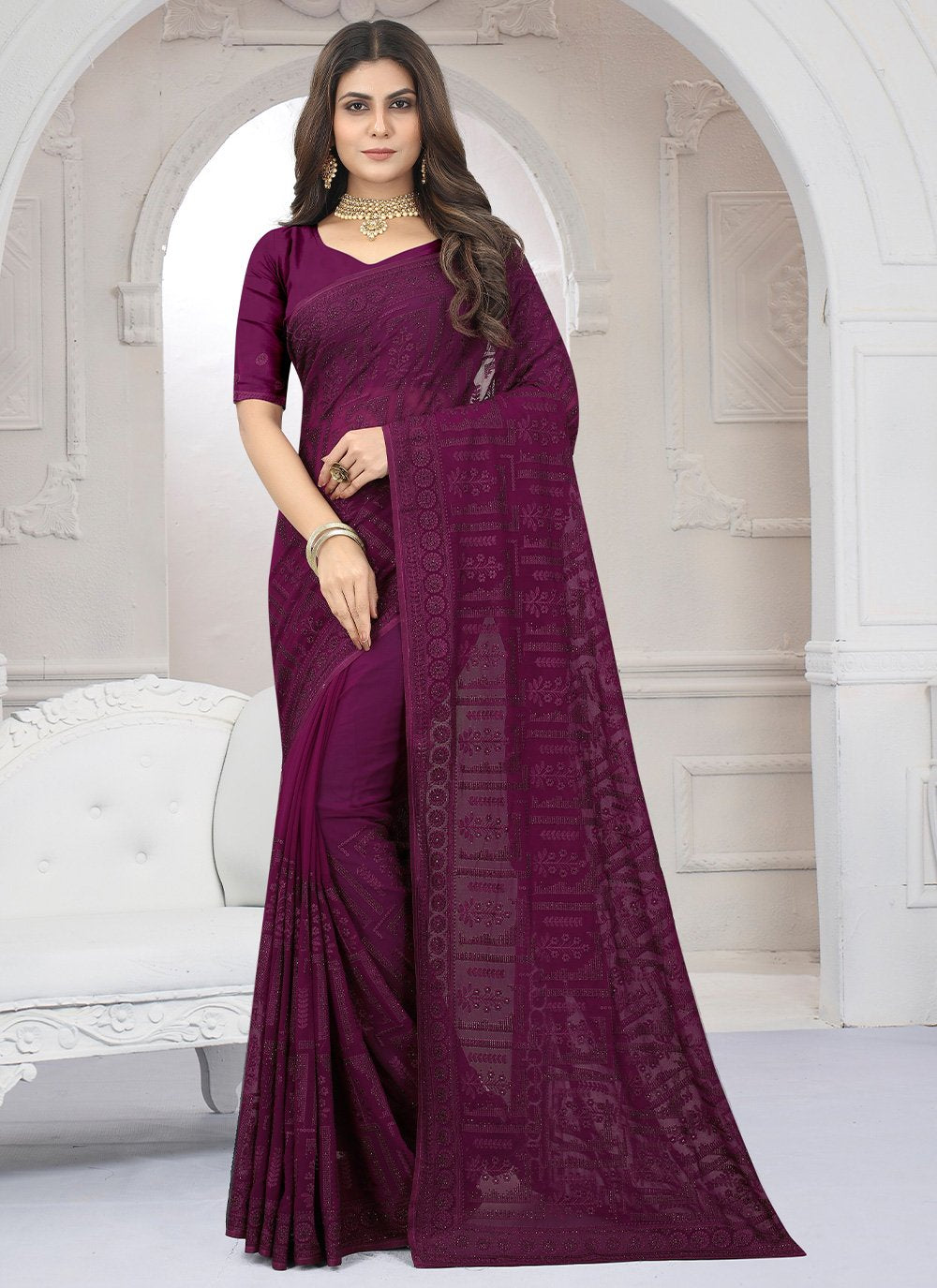 Traditional Saree Georgette Wine Embroidered Saree