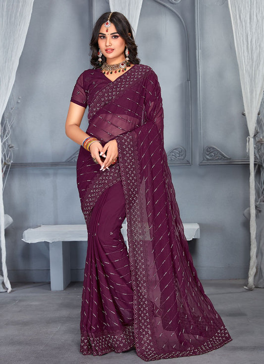 Contemporary Georgette Wine Embroidered Saree