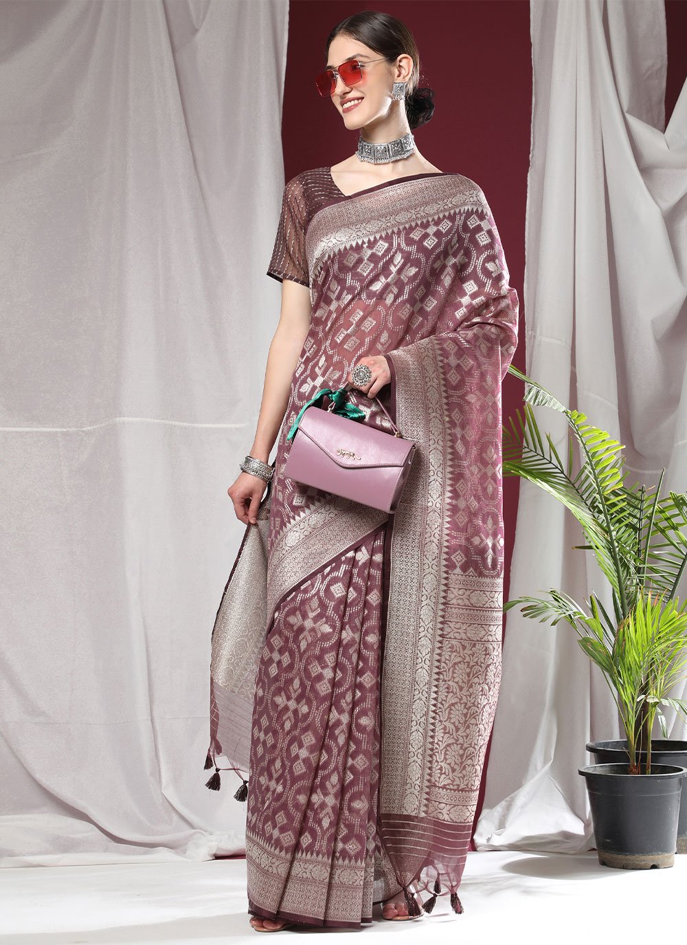 Classic Organza Silk Wine Weaving Saree