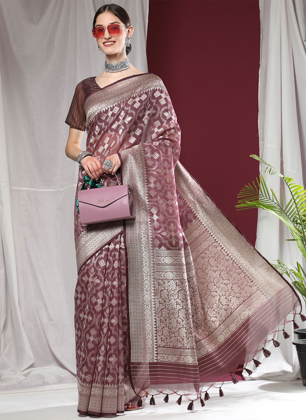 Classic Organza Silk Wine Weaving Saree