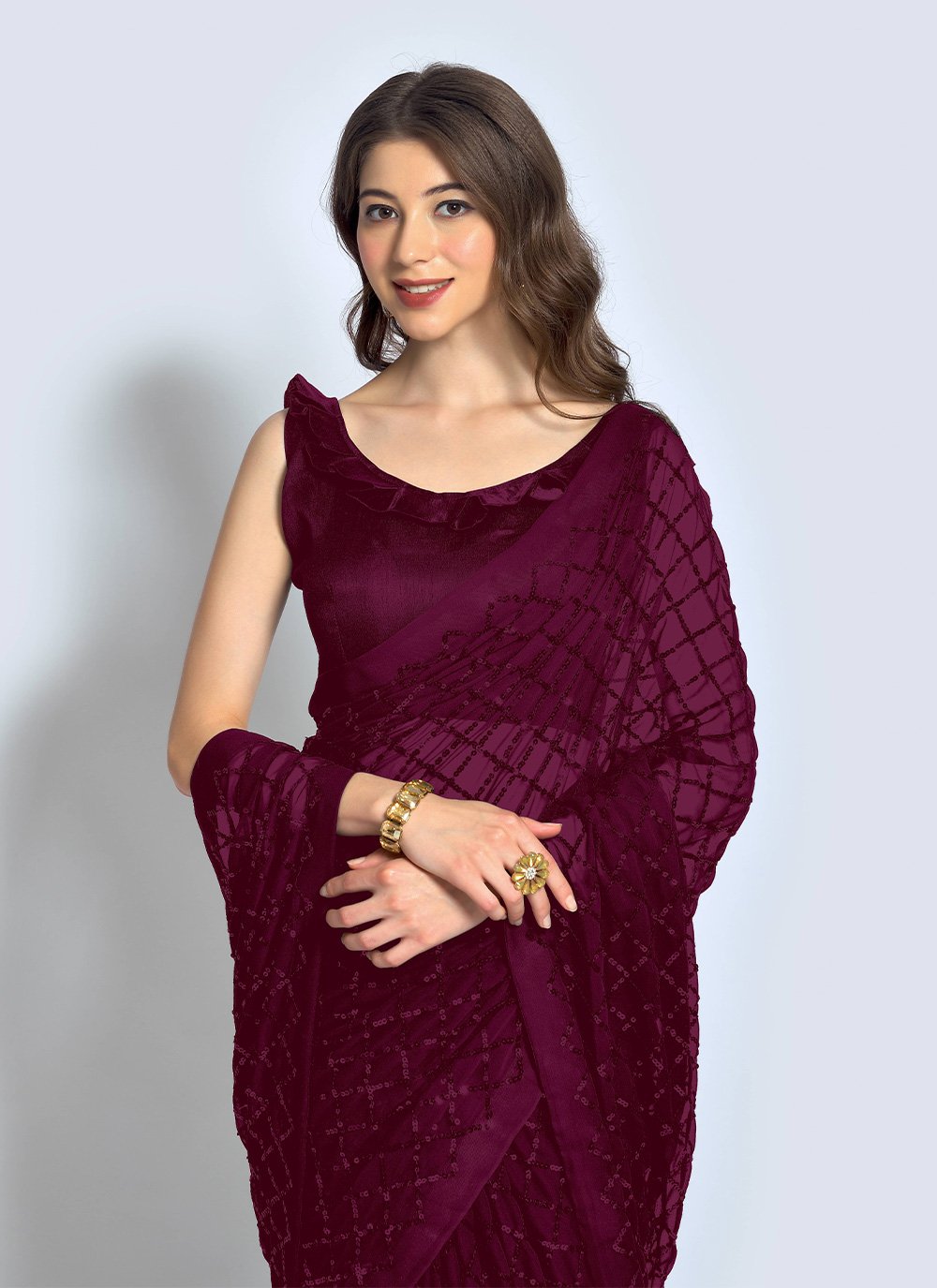 Contemporary Georgette Wine Sequins Saree