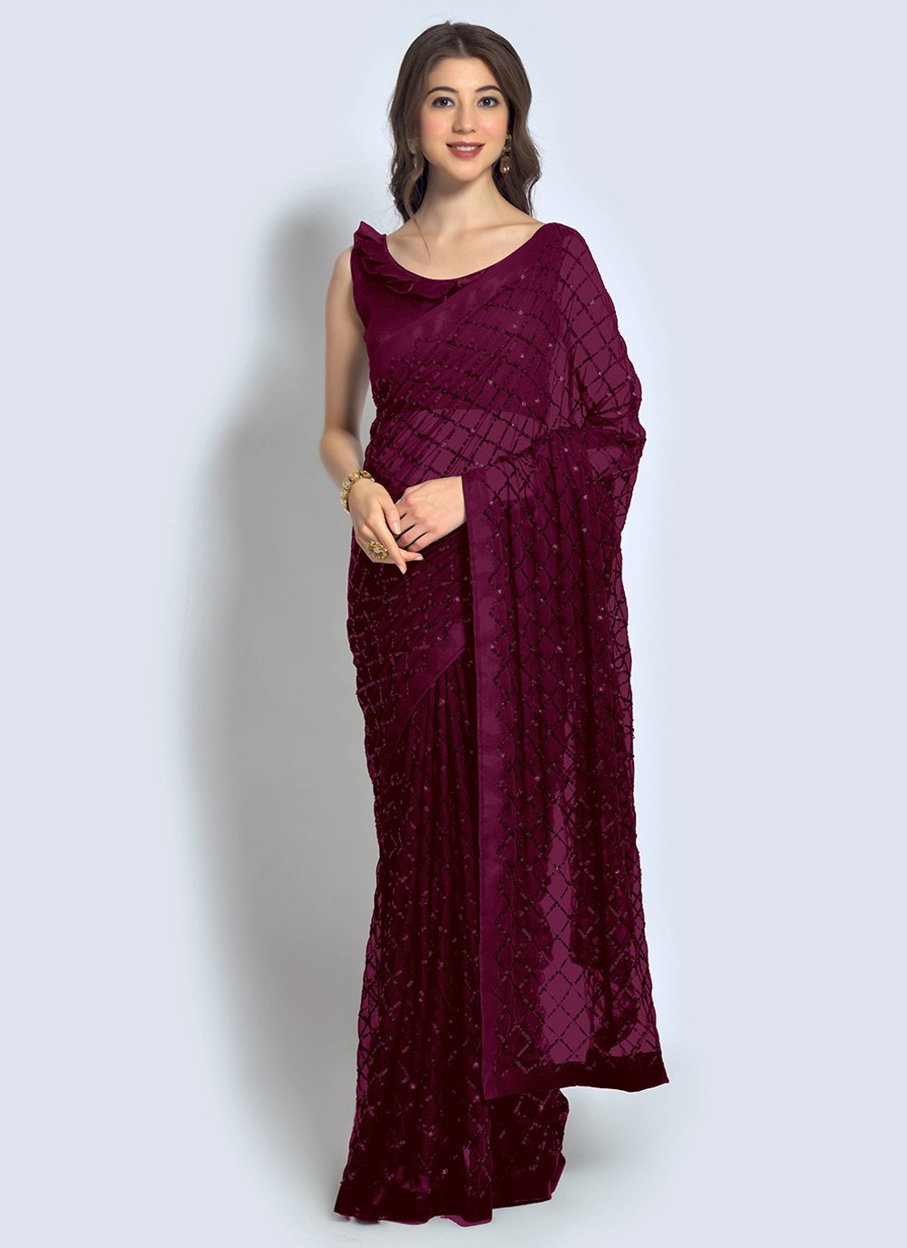 Contemporary Georgette Wine Sequins Saree