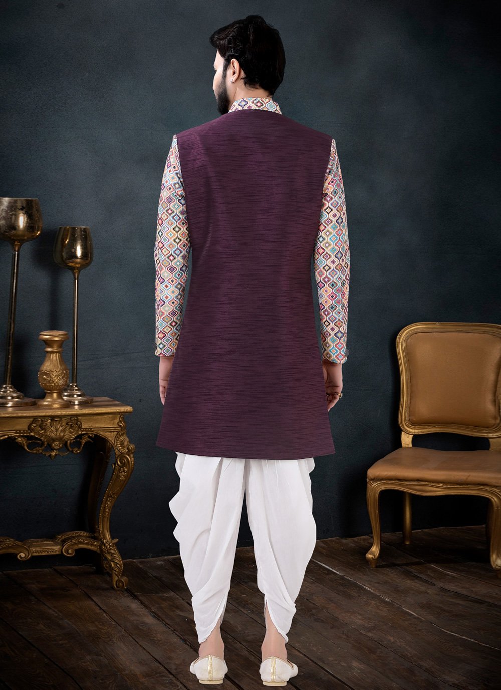 Indo Western Sherwani Rayon Silk Wine Sequins Mens