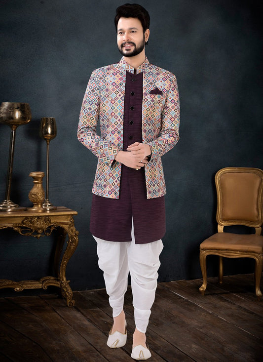 Indo Western Sherwani Rayon Silk Wine Sequins Mens