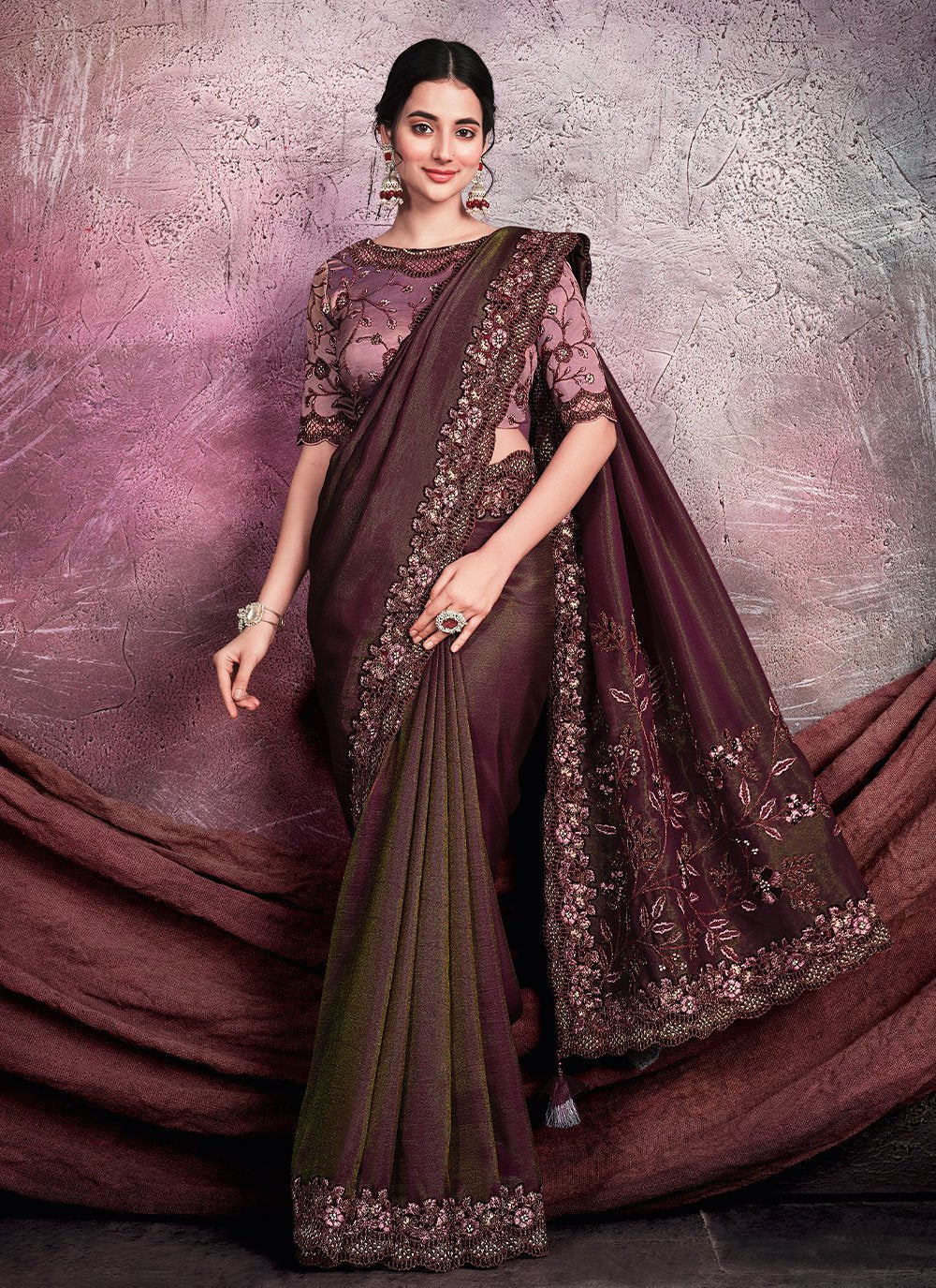 Contemporary Georgette Shimmer Silk Wine Cord Work Saree