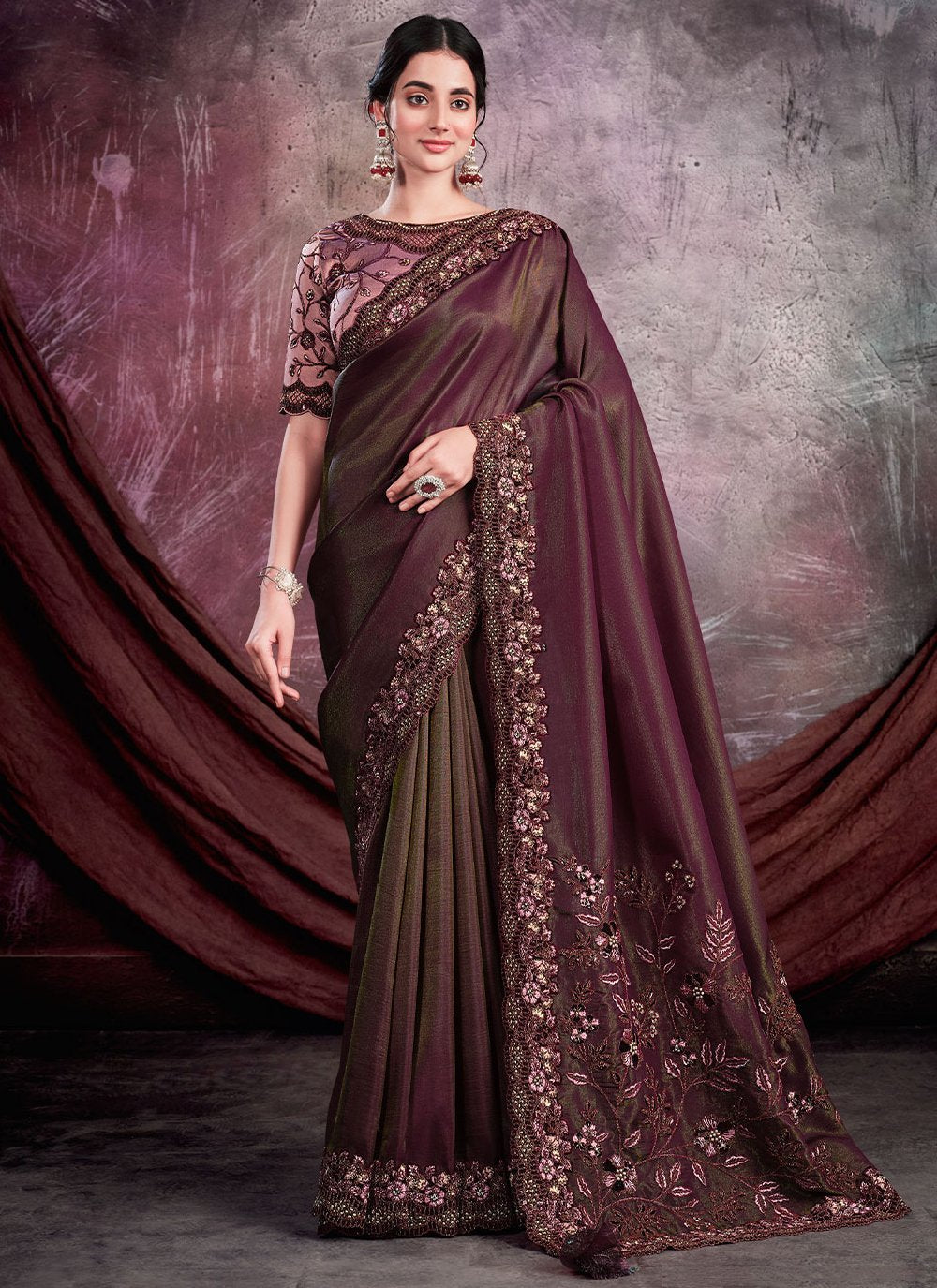 Contemporary Georgette Shimmer Silk Wine Cord Work Saree