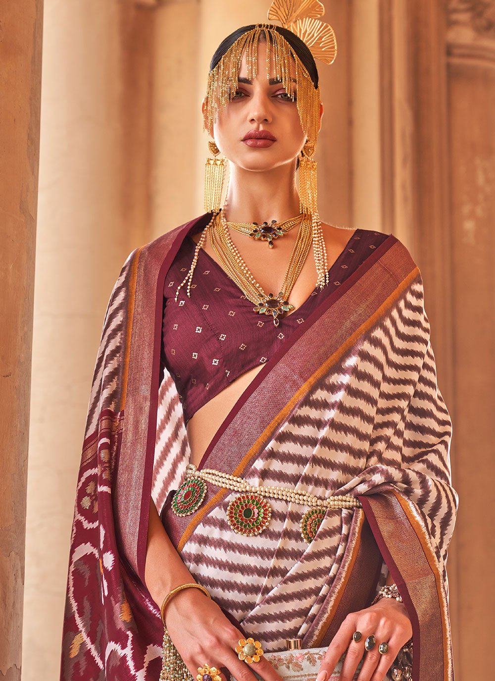 Contemporary Silk Wine Patola Print Saree