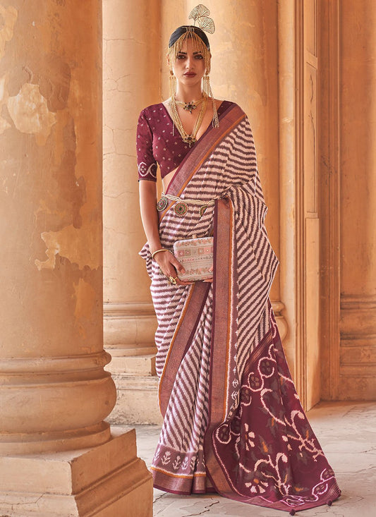 Contemporary Silk Wine Patola Print Saree