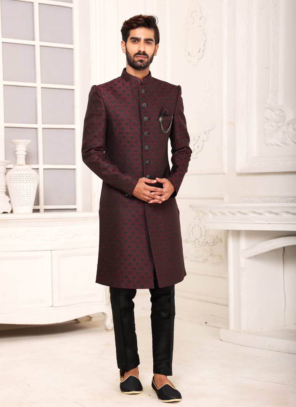 Indo Western Imported Jacquard Wine Embroidered Mens