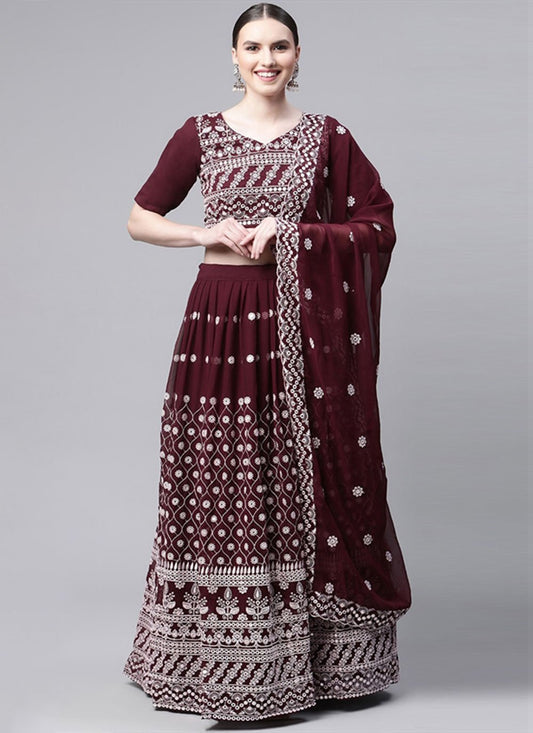 Lehenga Choli Georgette Wine Embroidered Lehenga Choli