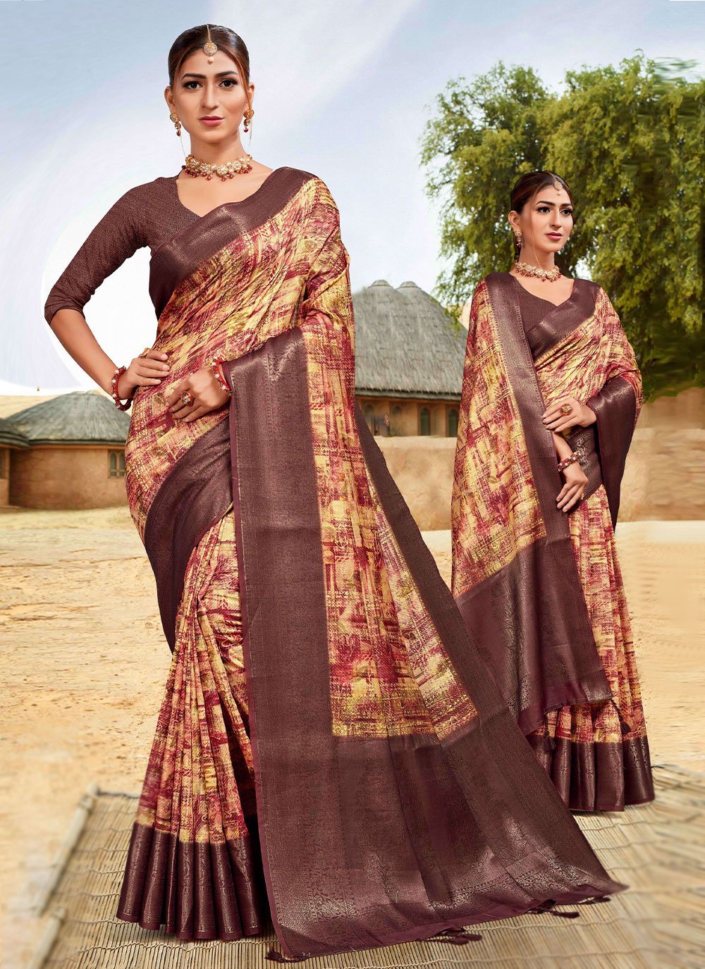 Trendy Saree Banarasi Silk Cotton Wine Digital Print Saree