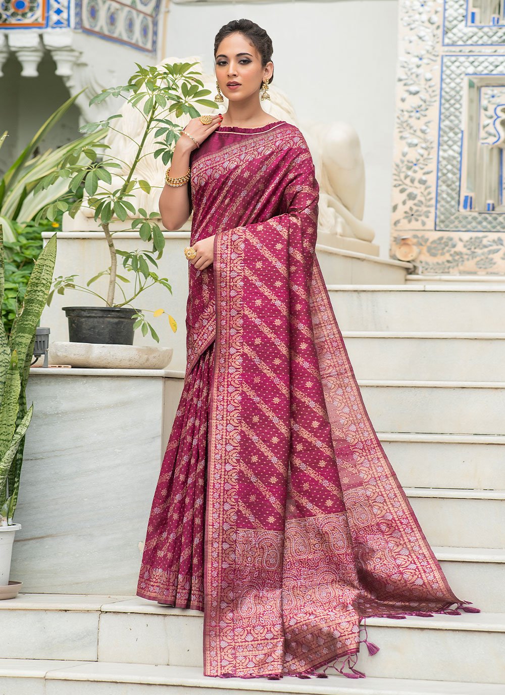 Classic Tussar Silk Wine Woven Saree