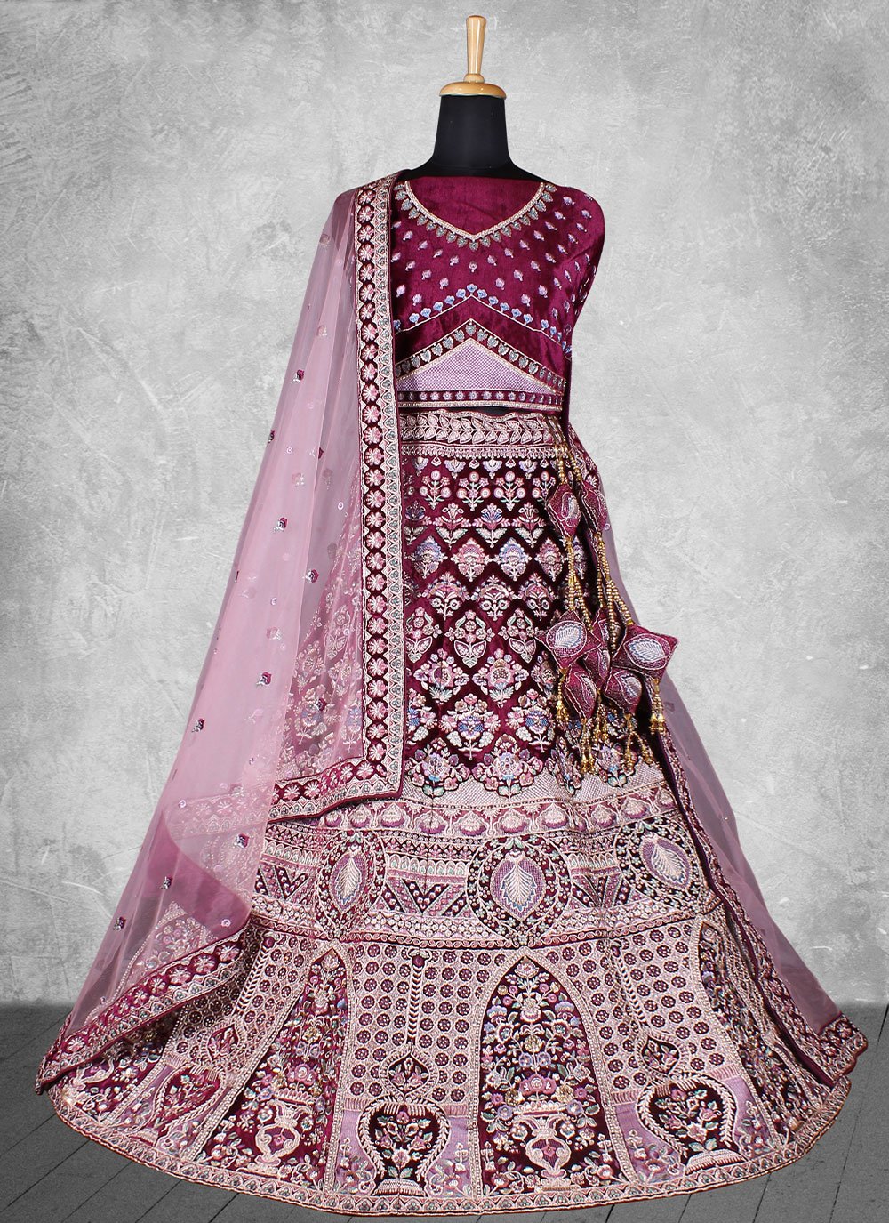 Lehenga Choli Velvet Wine Embroidered Lehenga Choli