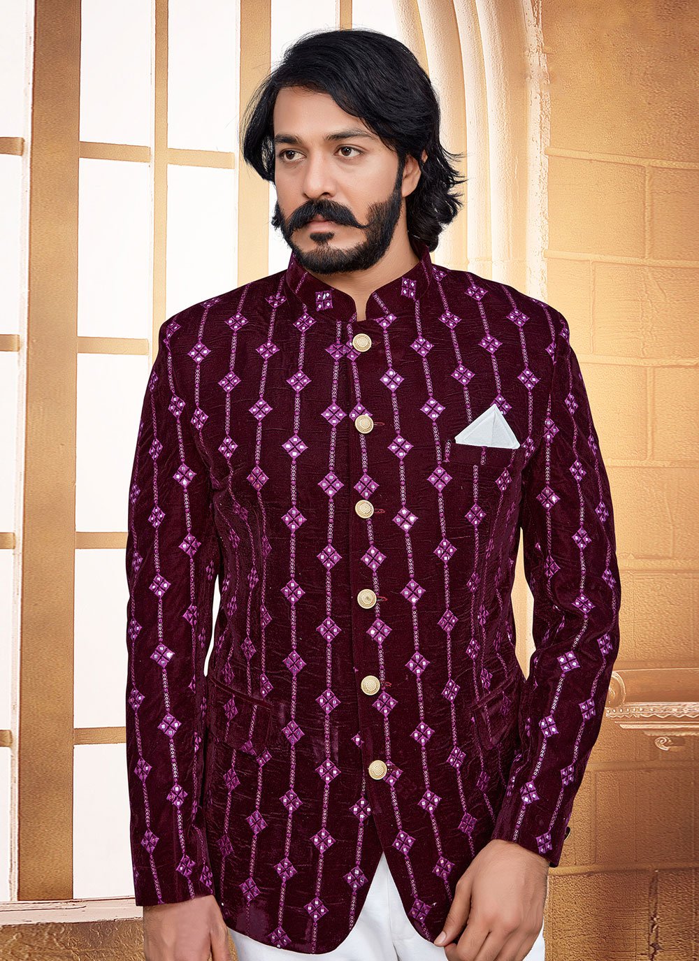 Jodhpuri Suit Velvet Wine Embroidered Mens Kajols Indian Pakistani Fashion Tailoring