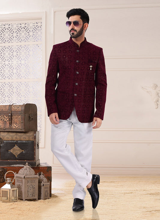 Jodhpuri Suit Velvet Wine Embroidered Mens